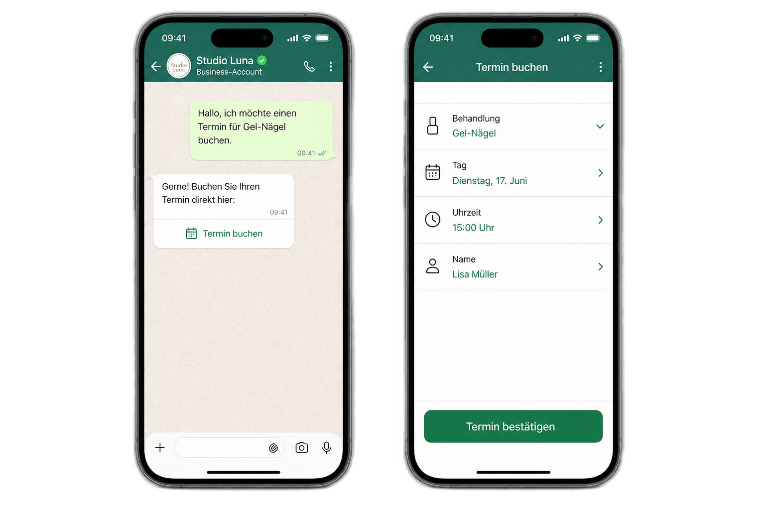 WhatsApp: Termin buchen Button und Flow mit Behandlung, Tag, Uhrzeit und Name
