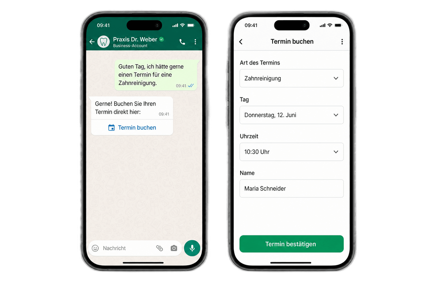 WhatsApp: Termin buchen Button und Flow mit Art des Termins, Tag, Uhrzeit und Name