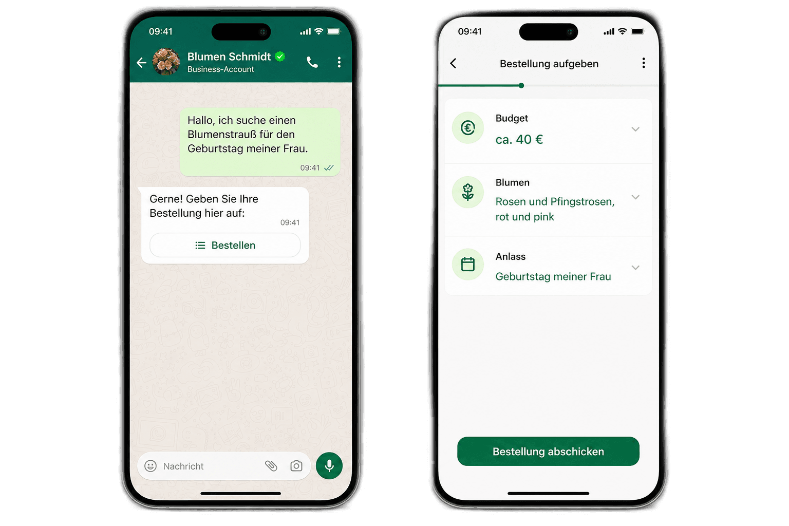 WhatsApp: Bestellen Button und Flow mit Budget, Blumen und Anlass